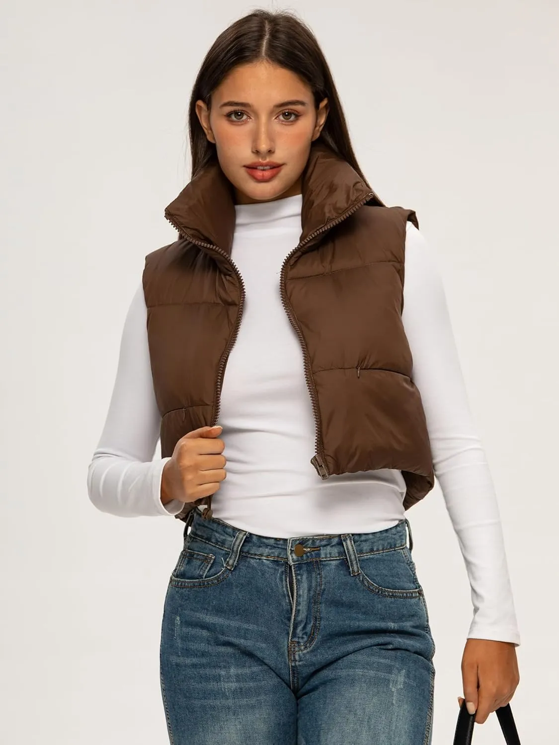 ELLEVEN Women's Cropped Puffer Vest with Pockets, High Stand Collar Crop Outerwear Lightweight Padded Gilet