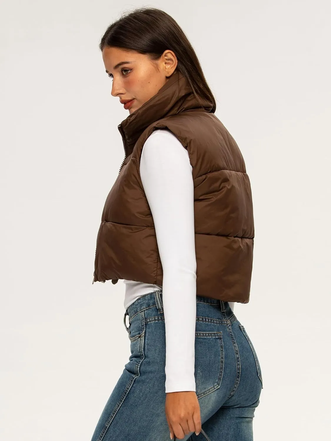 ELLEVEN Women's Cropped Puffer Vest with Pockets, High Stand Collar Crop Outerwear Lightweight Padded Gilet