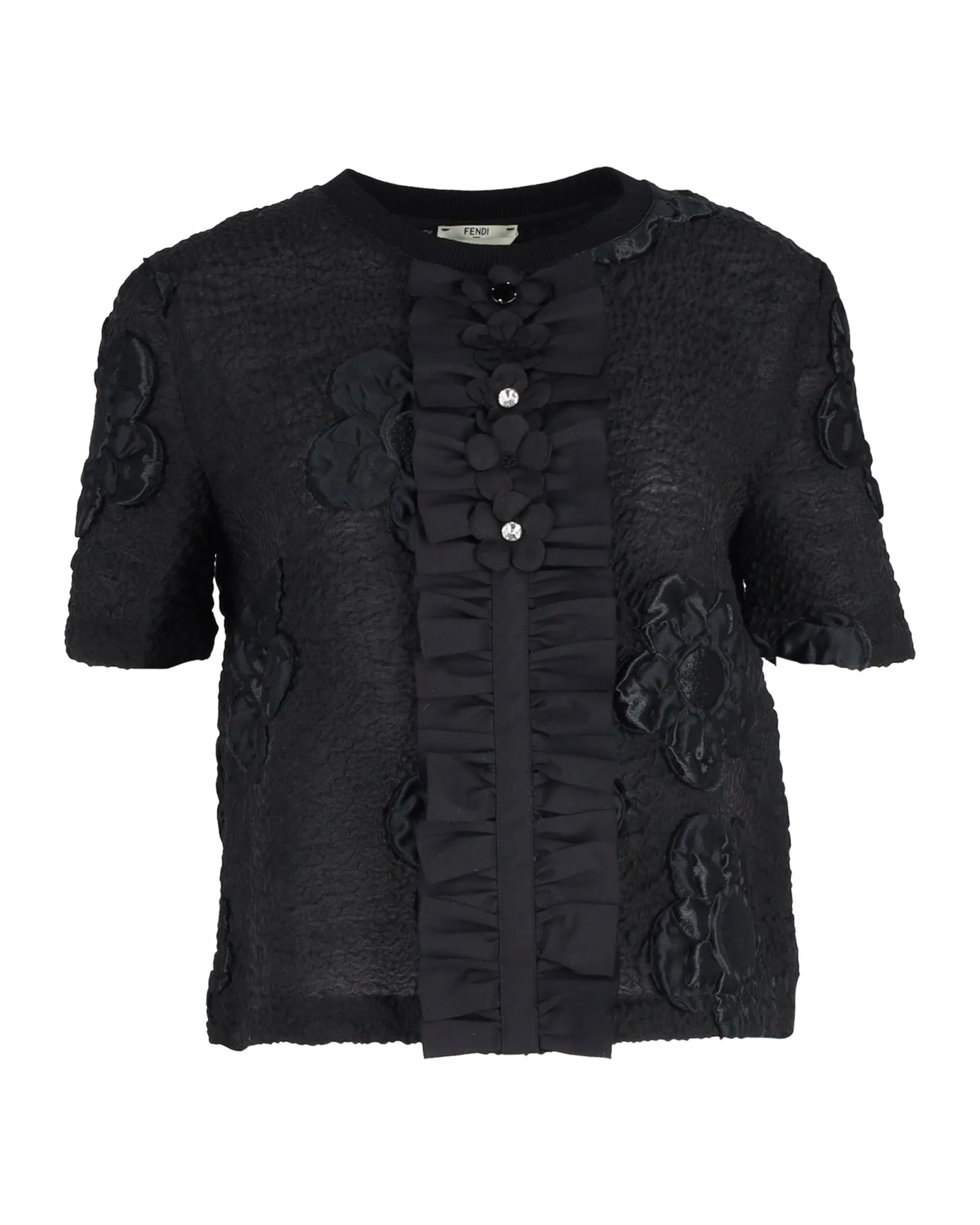 Fendi Embroidered Flower Blouse in Black Wool