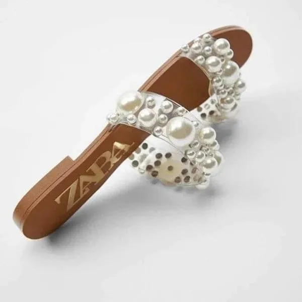 FLAT VINYL PEARL BEAD SANDALS - BEIGE