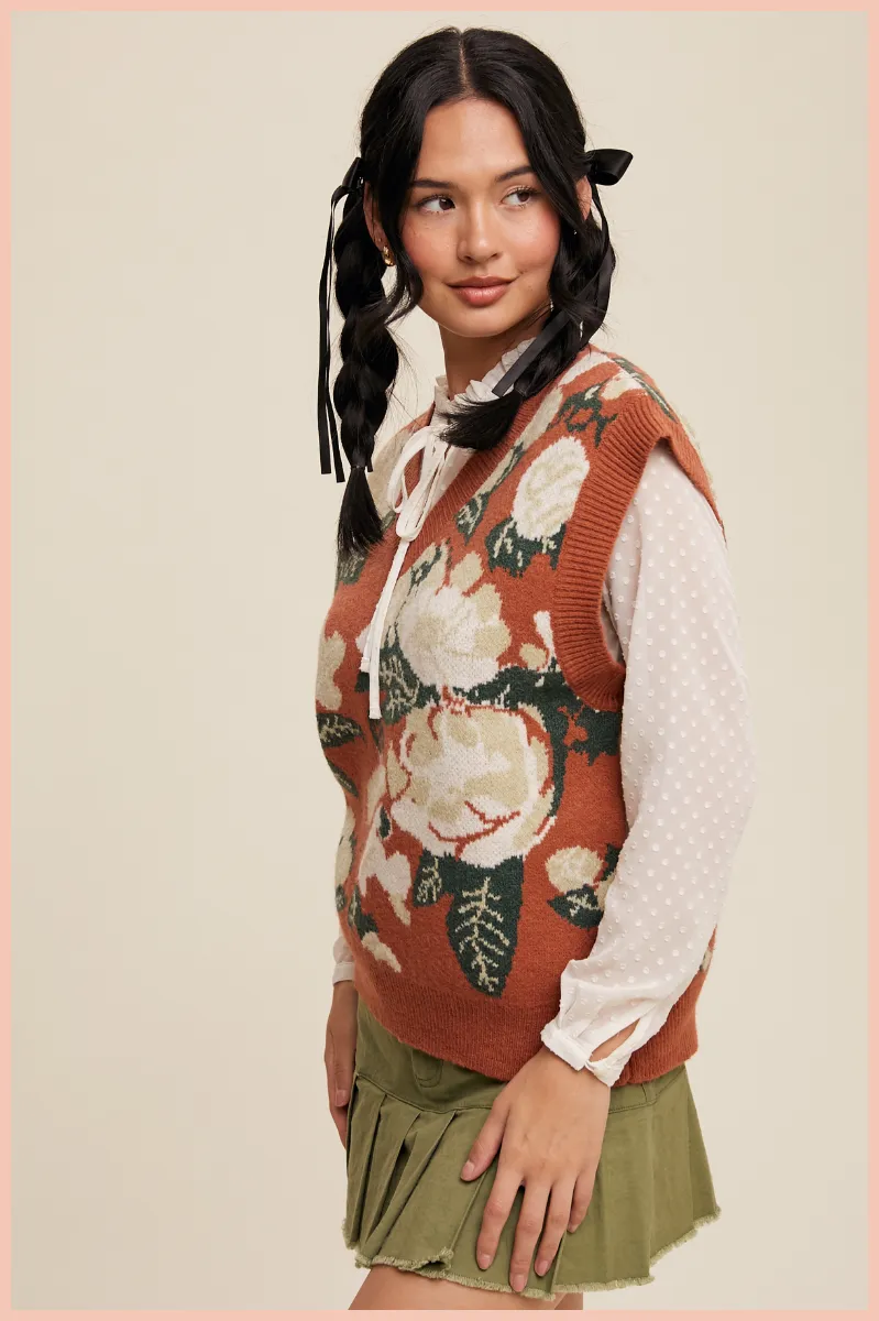 Floral Pattern V-Neck Knit Sweater Vest