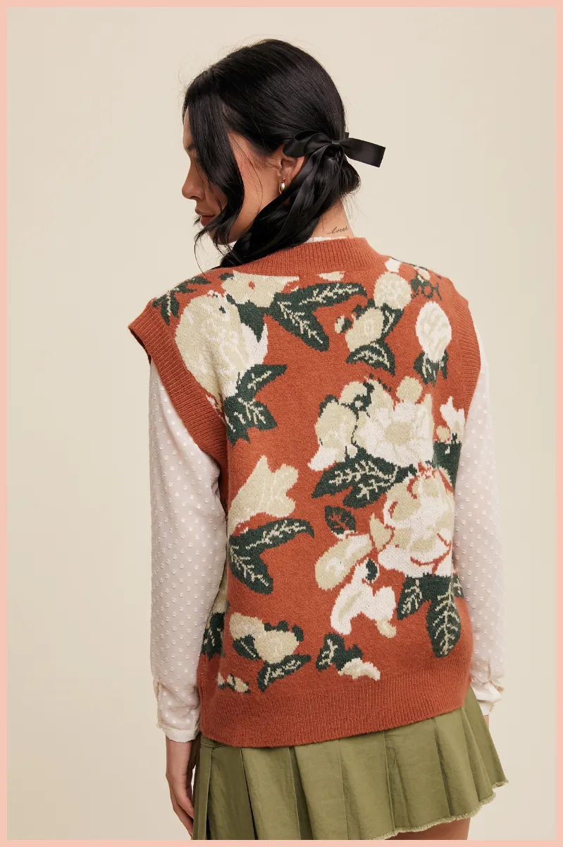 Floral Pattern V-Neck Knit Sweater Vest