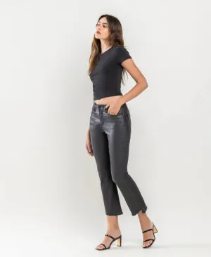 High Rise PU Coated Step Hem Crop Flare Jeans