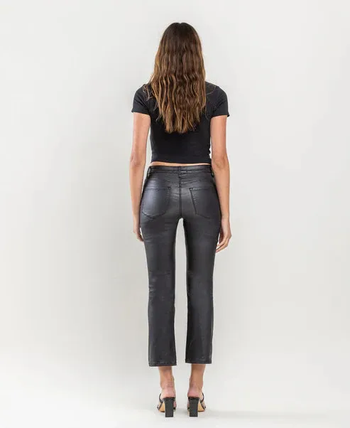 High Rise PU Coated Step Hem Crop Flare Jeans