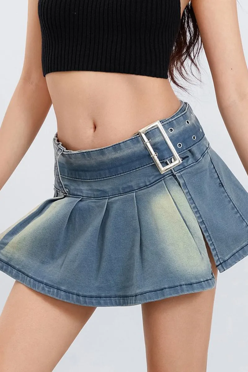 HQS1263 Buckle Up Pleated Denim Skirt Set