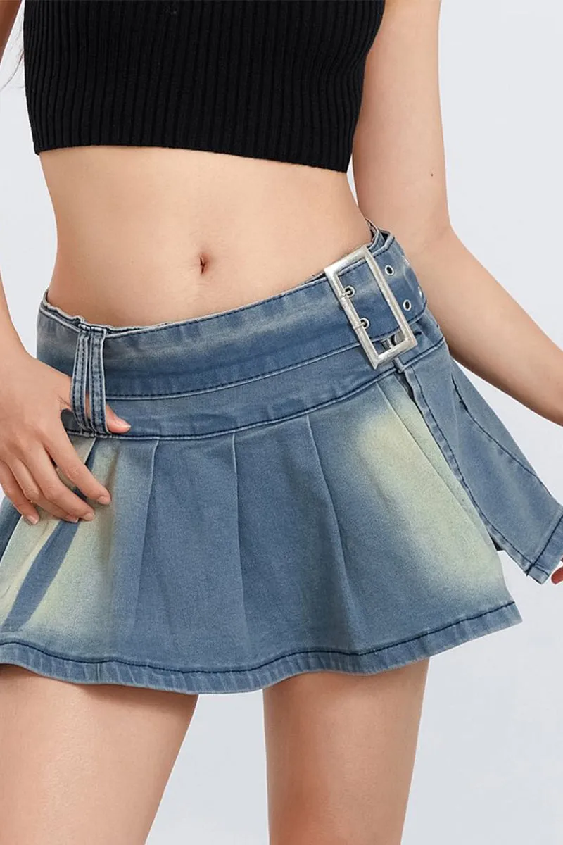 HQS1263 Buckle Up Pleated Denim Skirt Set