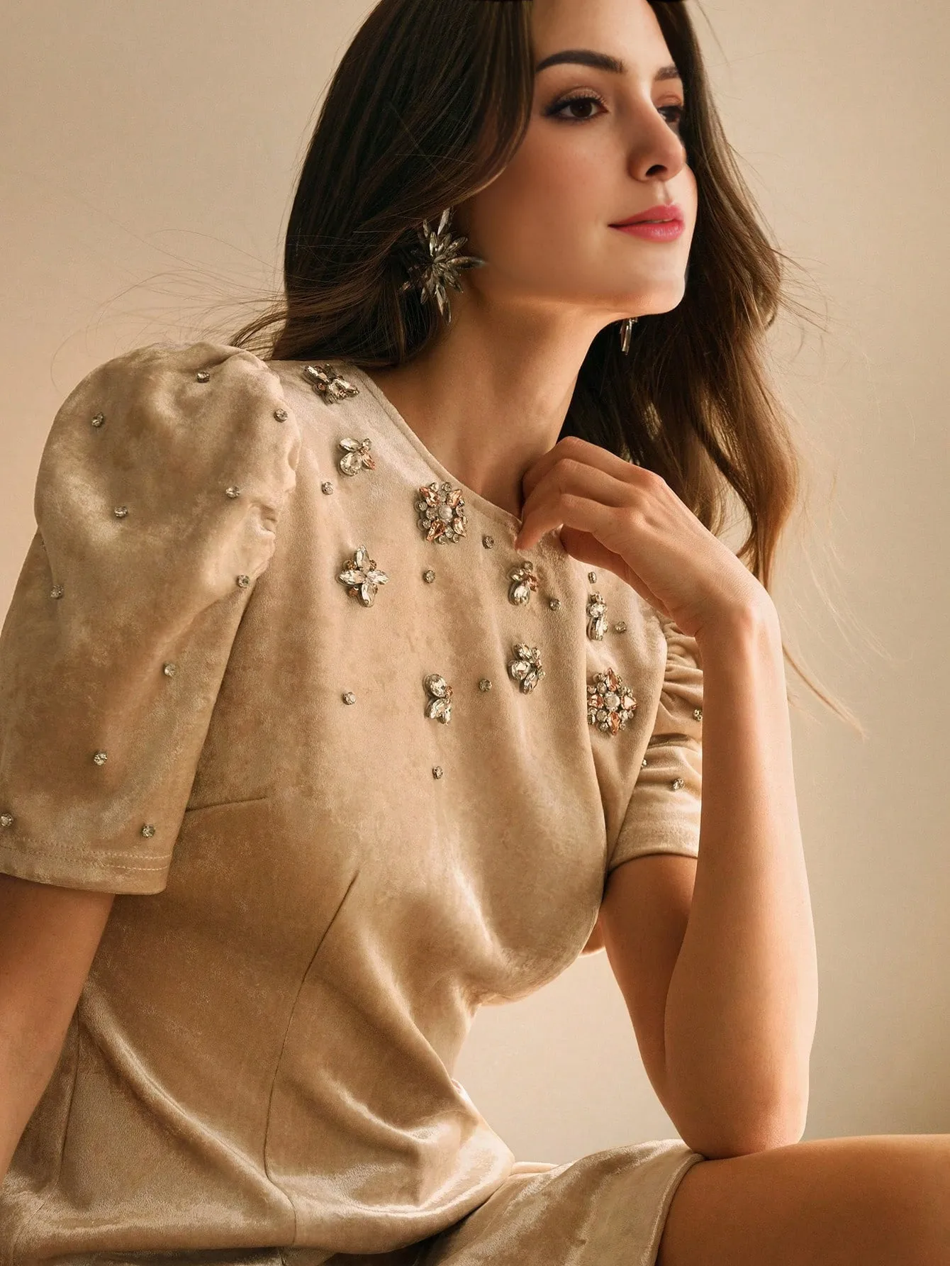 Isabella Elegant Beaded Puff Sleeve Slim Fit Dress