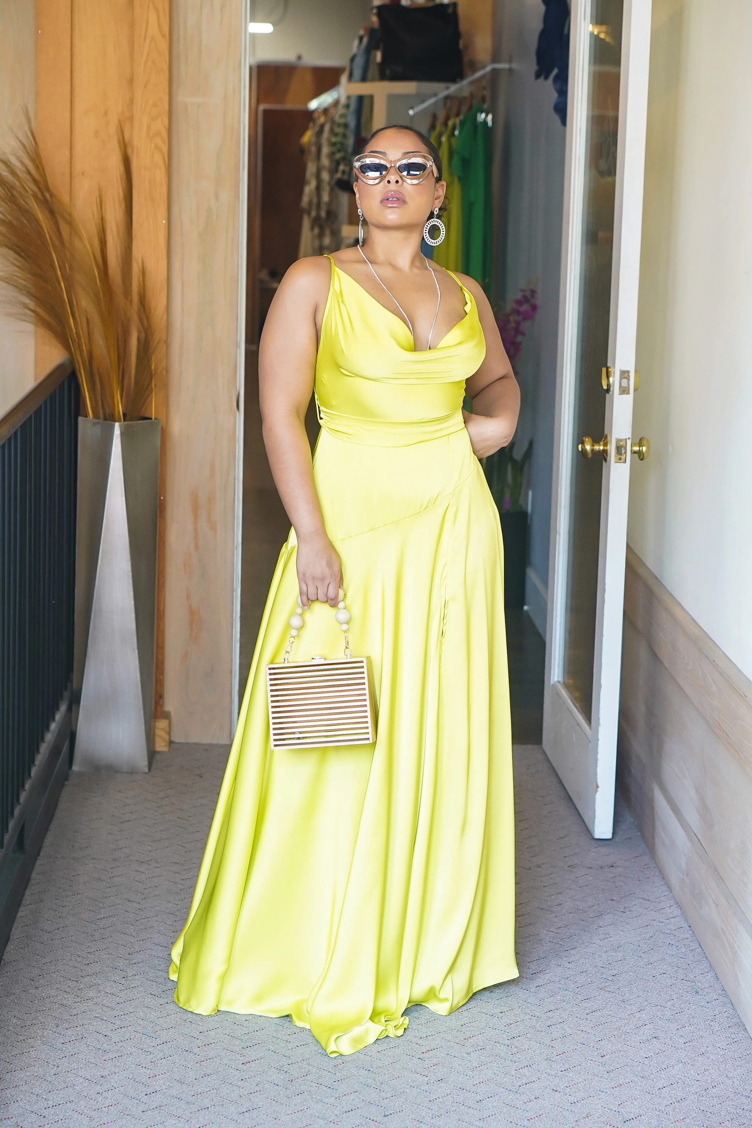 Its Dreamy Long Satin Slit Dress (Lime)