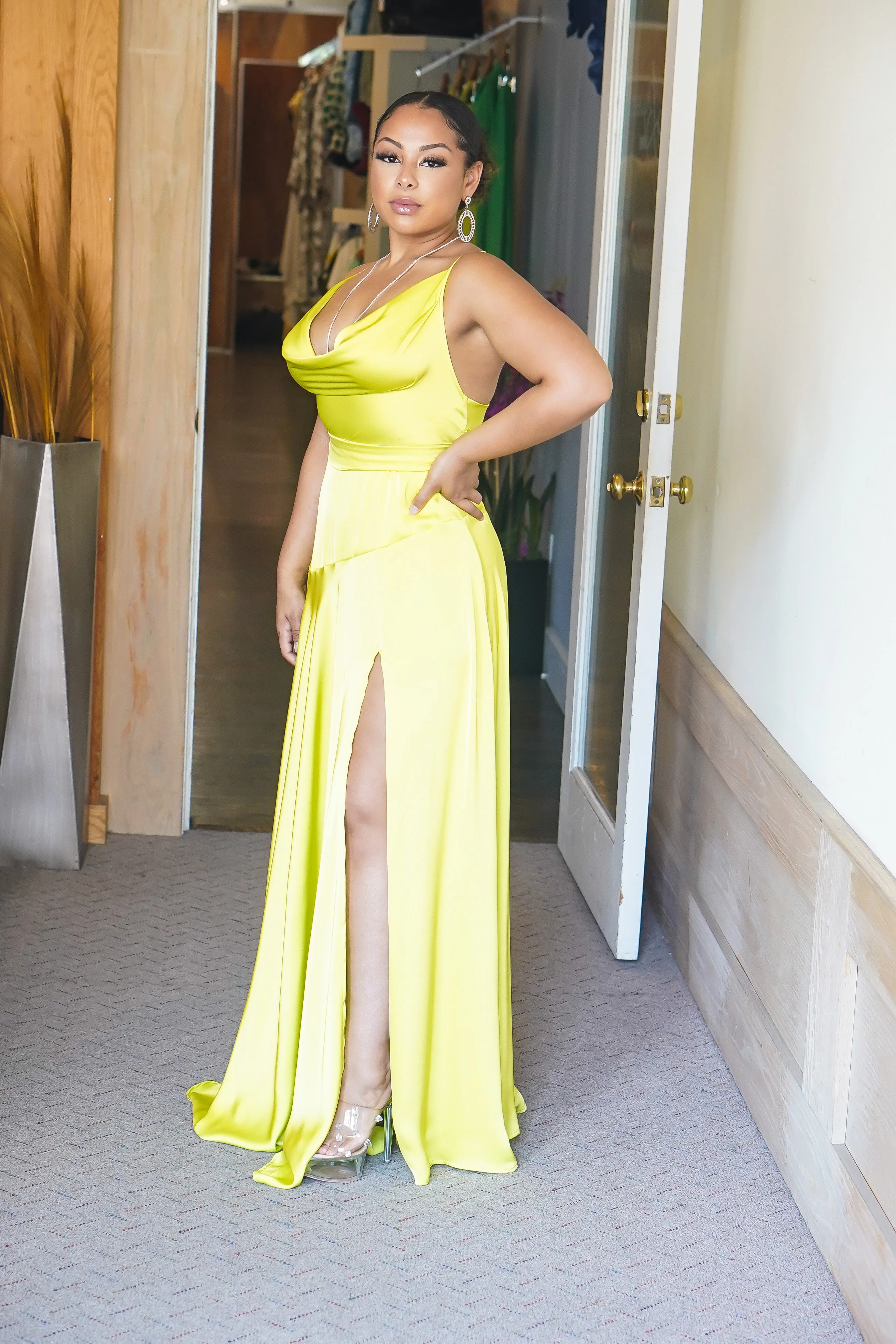 Its Dreamy Long Satin Slit Dress (Lime)