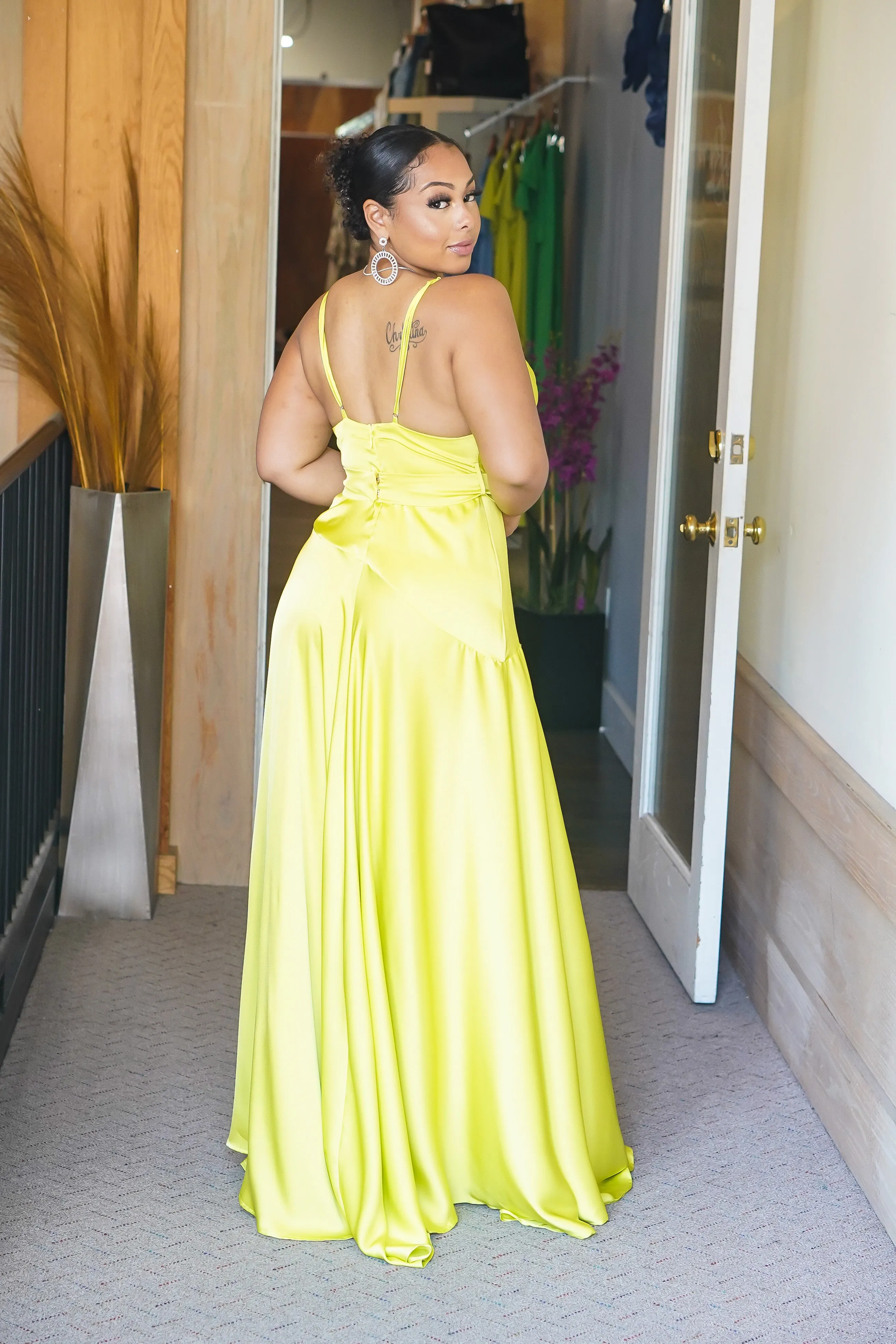 Its Dreamy Long Satin Slit Dress (Lime)