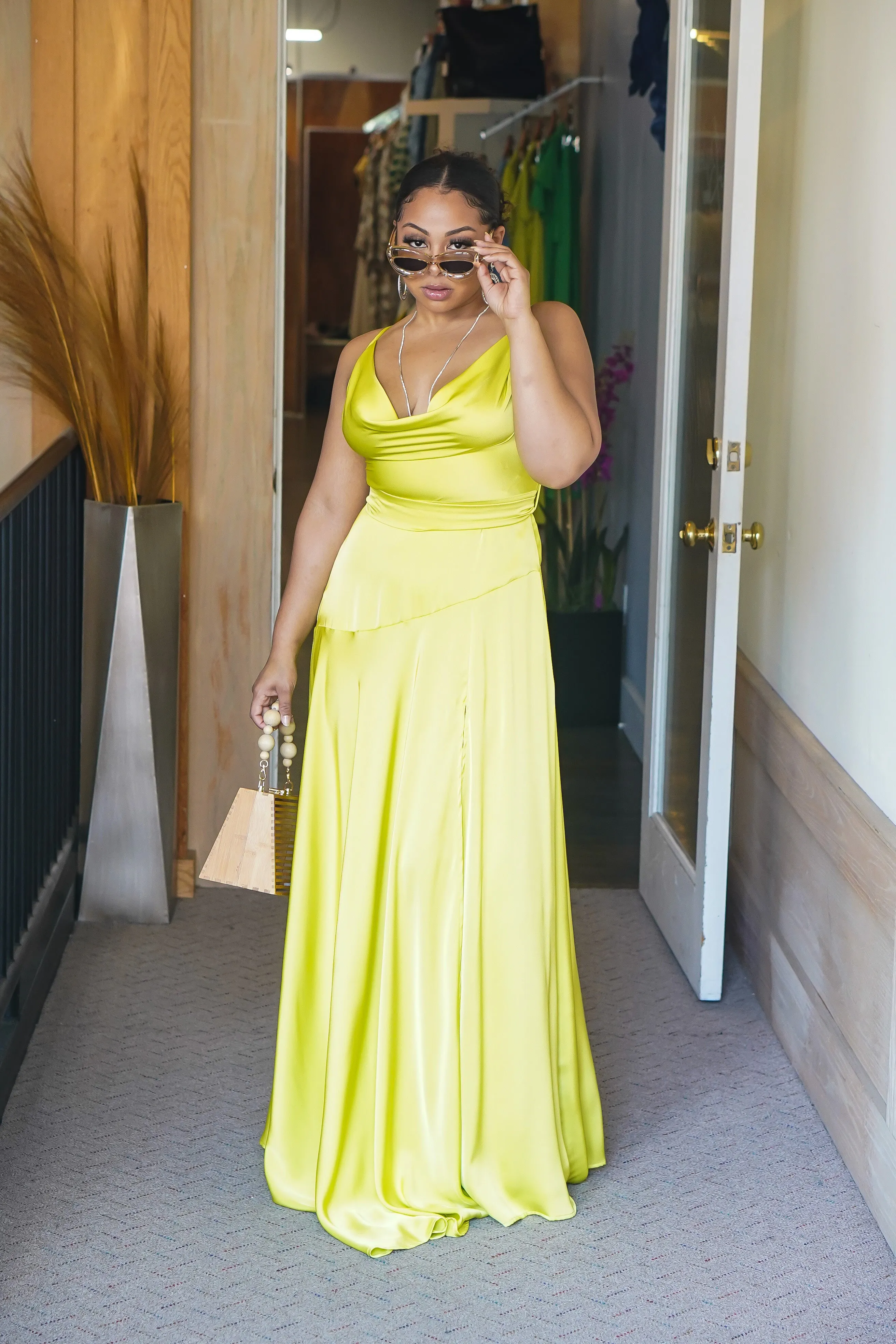 Its Dreamy Long Satin Slit Dress (Lime)