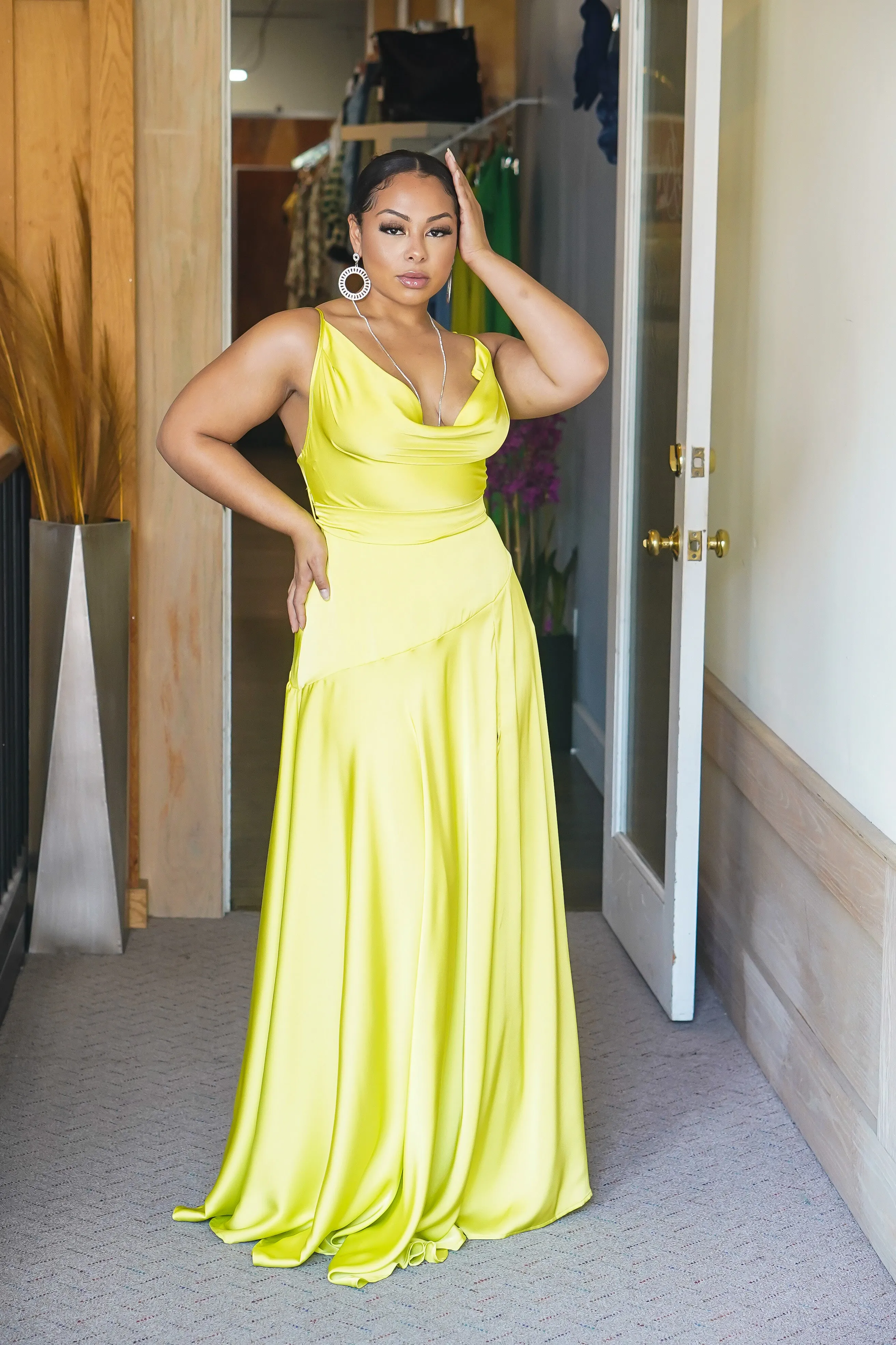 Its Dreamy Long Satin Slit Dress (Lime)