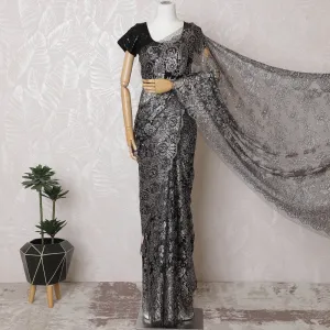Jet Black French Metallic Lace Saree, 110cm, Luxe Stone Adornments - Sophisticated Style-D17803