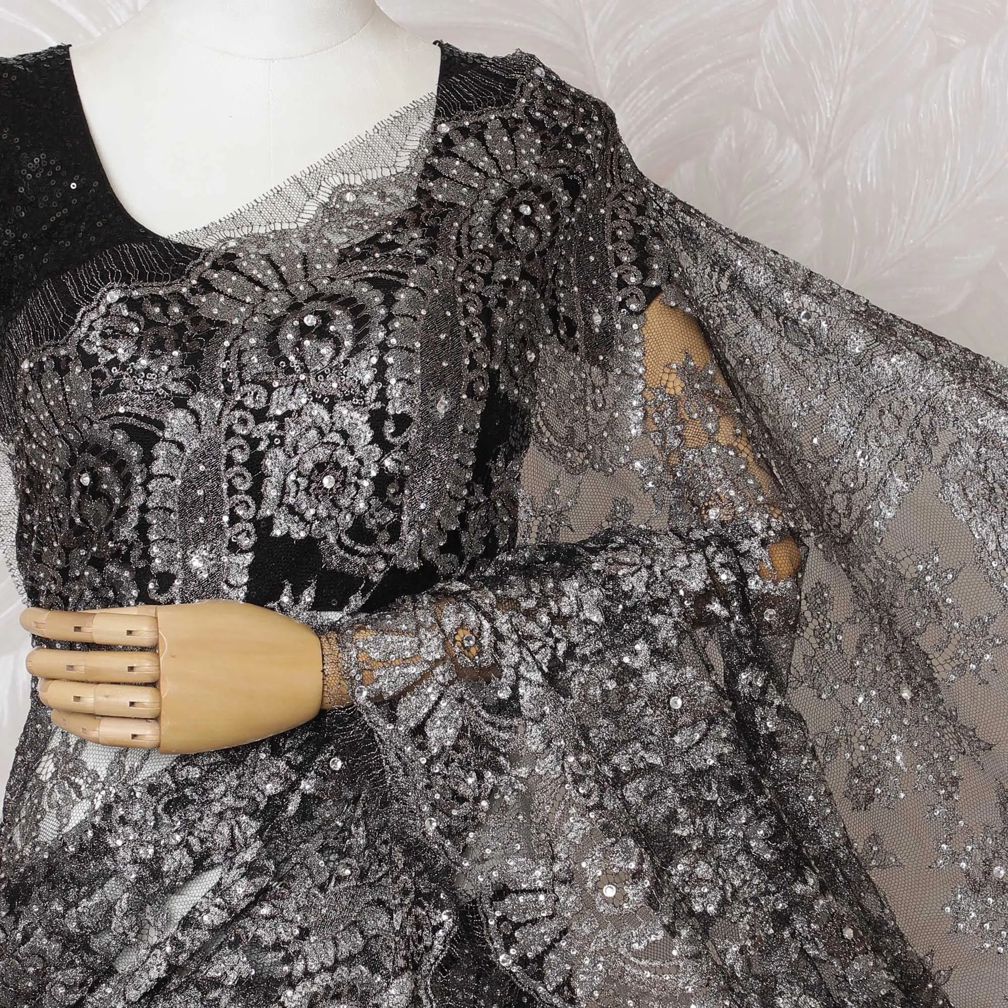 Jet Black French Metallic Lace Saree, 110cm, Luxe Stone Adornments - Sophisticated Style-D17803