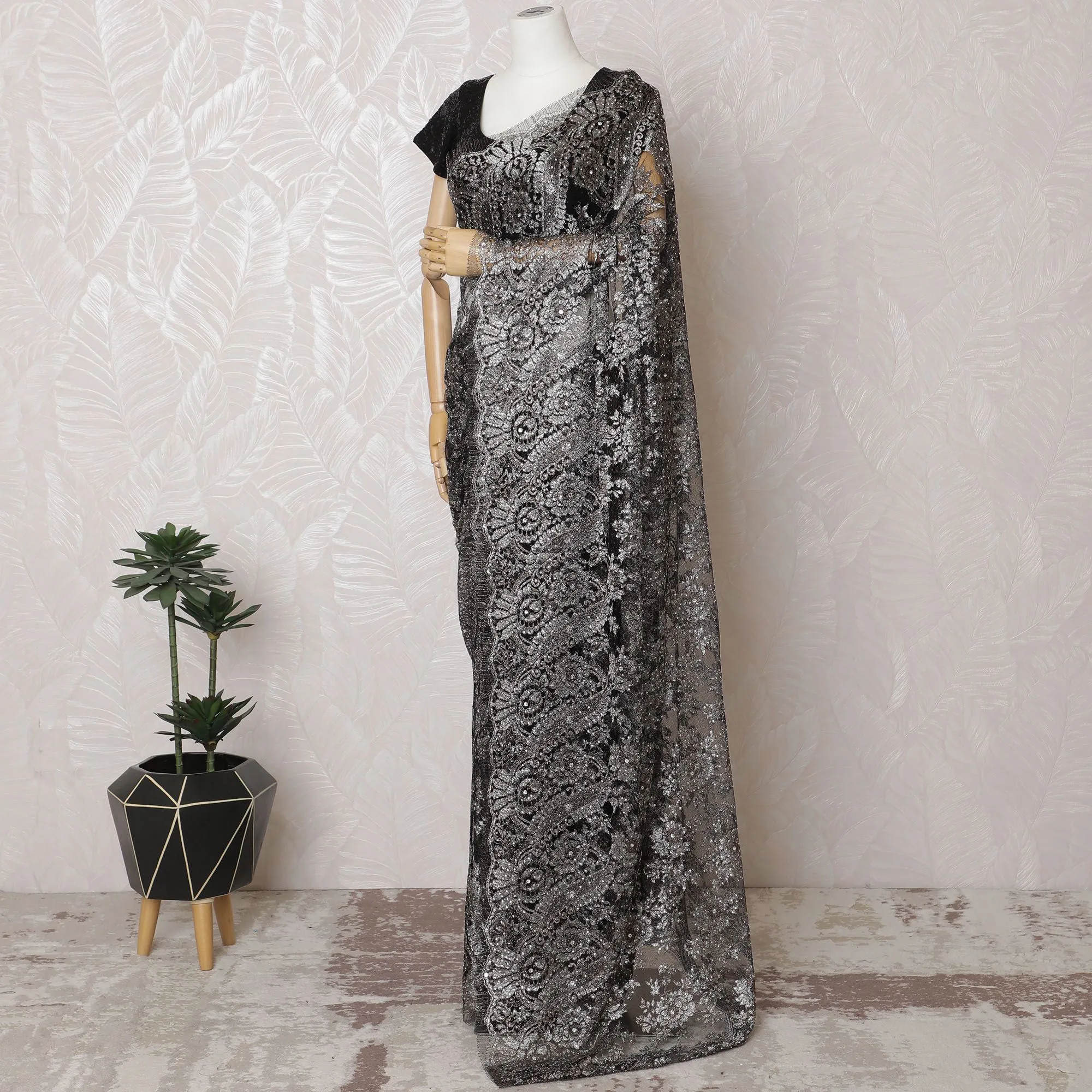 Jet Black French Metallic Lace Saree, 110cm, Luxe Stone Adornments - Sophisticated Style-D17803
