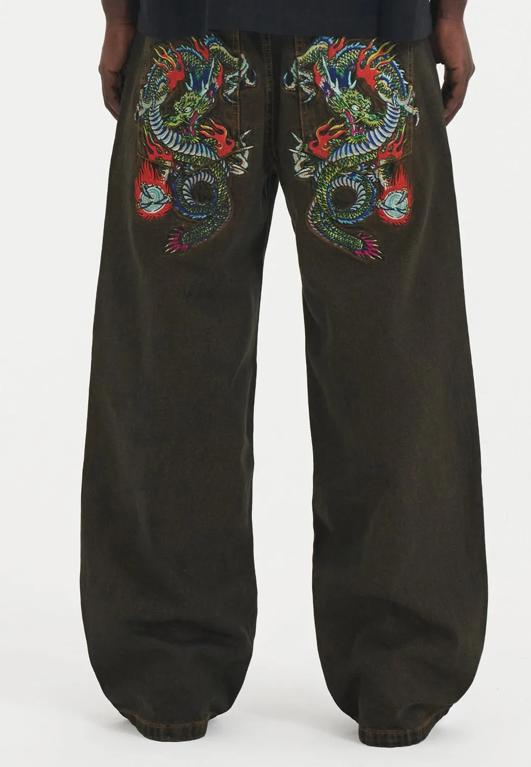 Mens Fireball Dragon Dirty Wash Denim Trousers Jeans - Brown