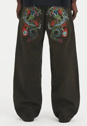 Mens Fireball Dragon Dirty Wash Denim Trousers Jeans - Brown
