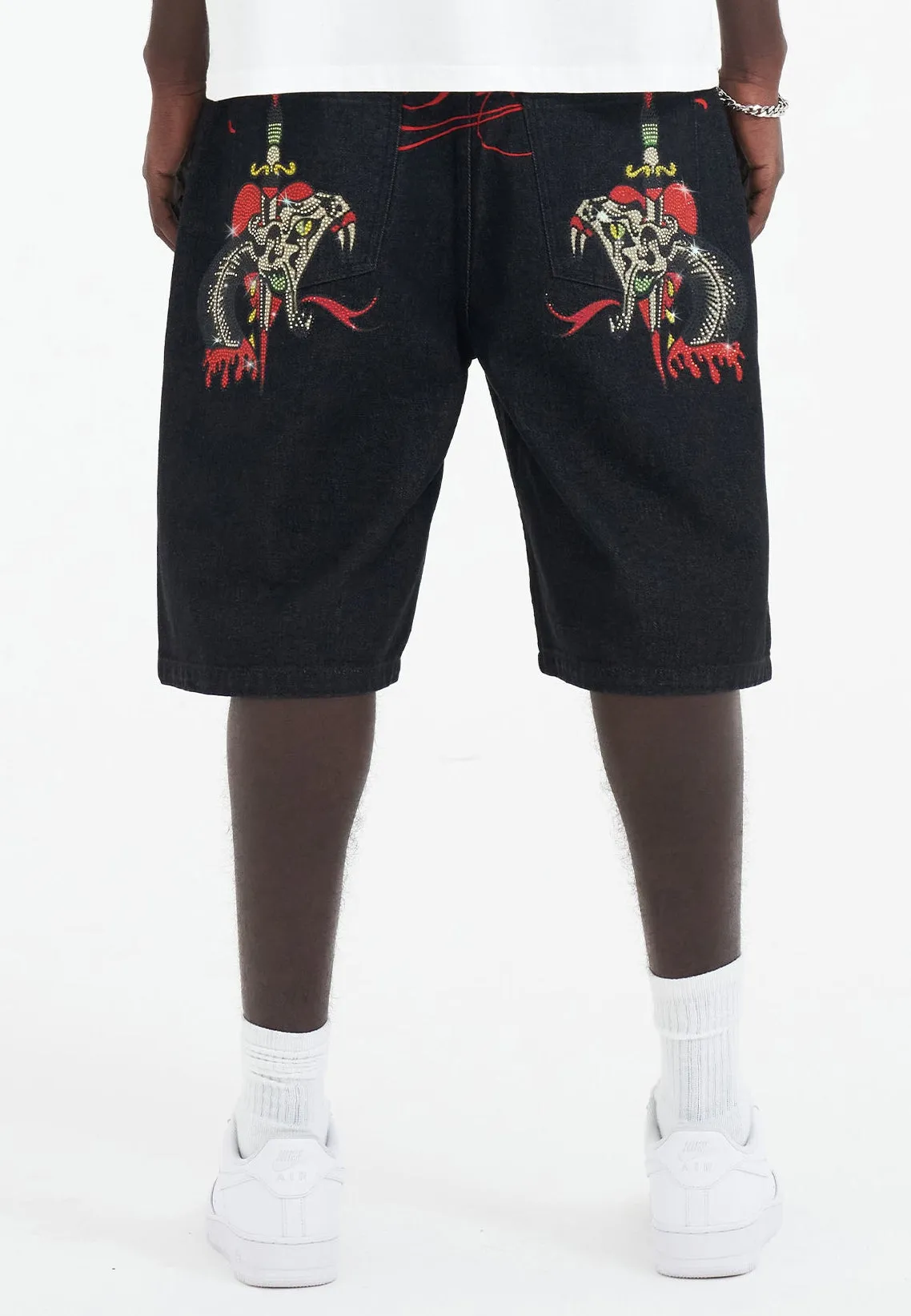 Mens Sever Snake Diamante Denim Jorts Shorts  - Black