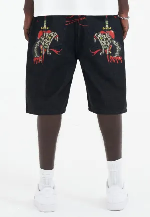 Mens Sever Snake Diamante Denim Jorts Shorts  - Black