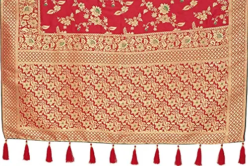 Monjolika Fashion Women's Banarasi Silk Blend Zari Woven Work With Tussles Saree and Embroidered Work Blouse Piece (37769 color) (Red)