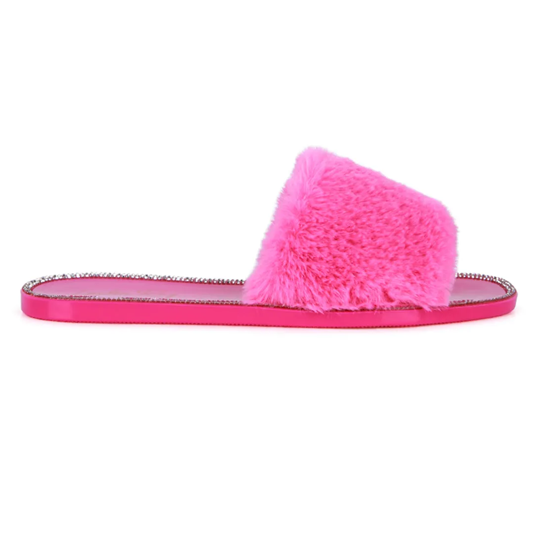 Pink Fur Diamante Detail Jelly Flats