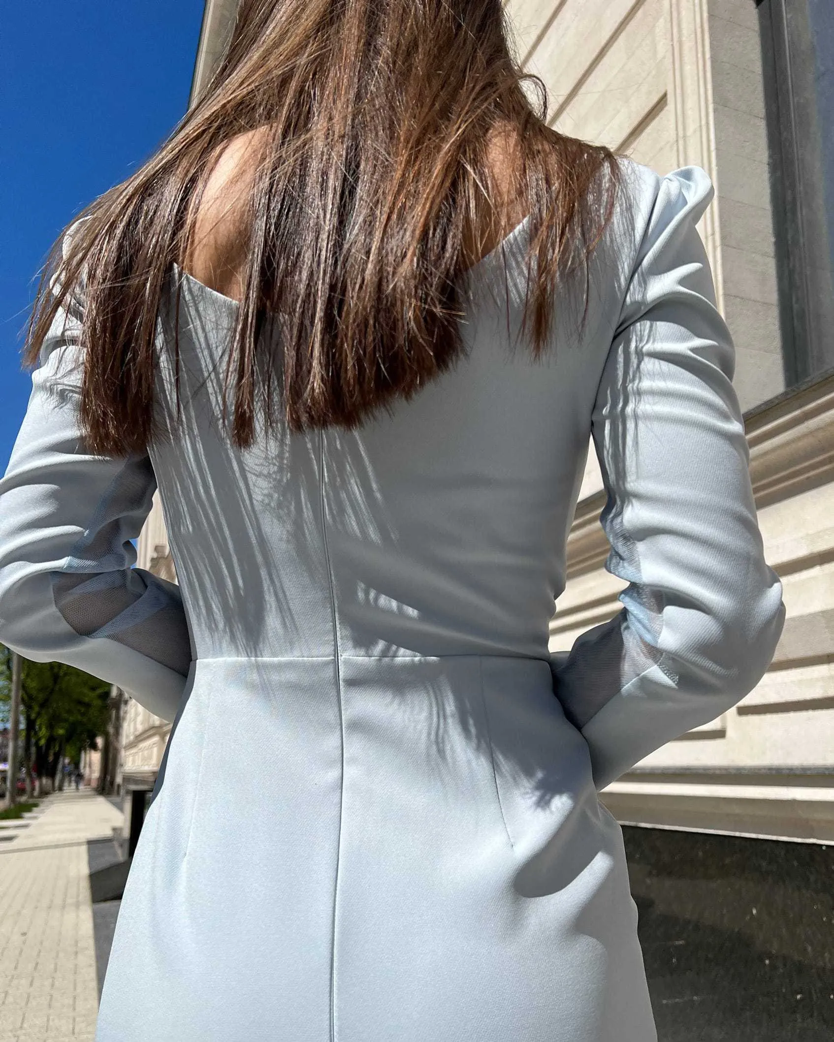 Rochie eleganta albastra cu maneci lungi