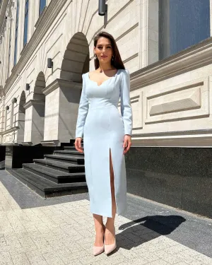 Rochie eleganta albastra cu maneci lungi