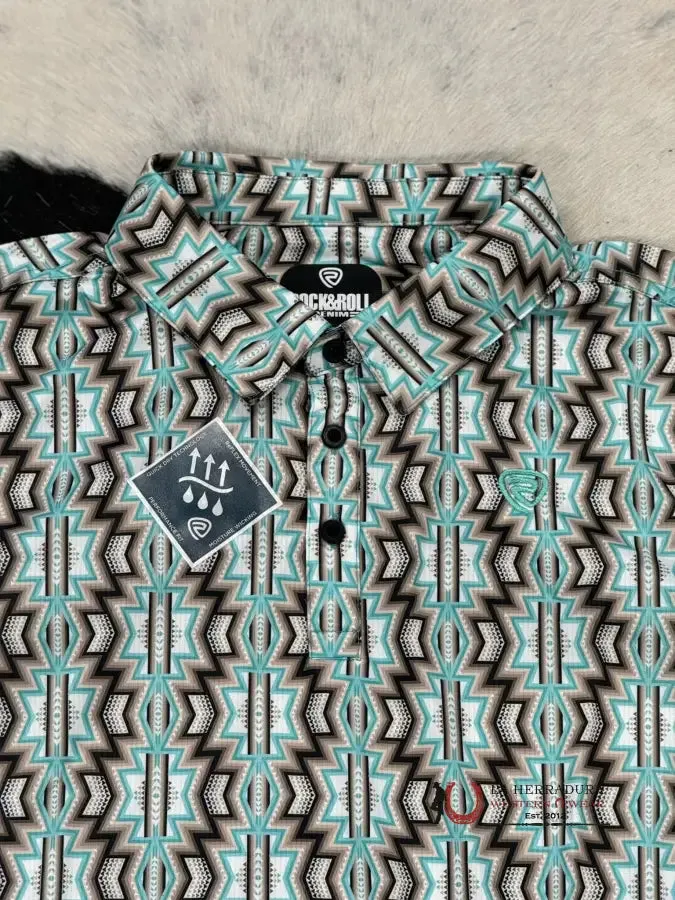 ROCK&ROLL MENS TAUPE PRINTED AZTEC POLO SHORT SLEEVE SHIRT