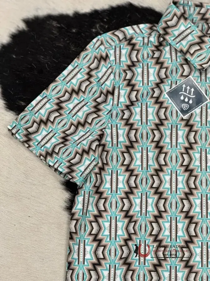 ROCK&ROLL MENS TAUPE PRINTED AZTEC POLO SHORT SLEEVE SHIRT