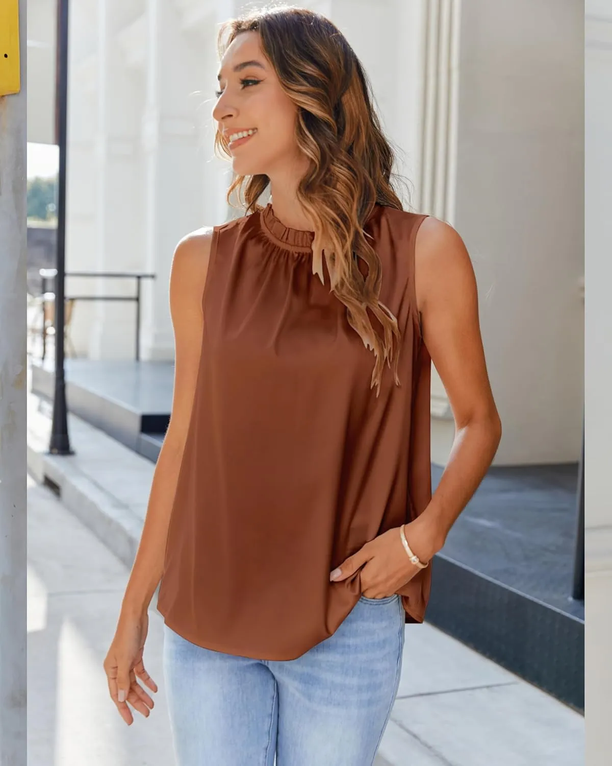 SimpleFun Womens Silk Satin Tank Tops Business Casual Ruffle Trim Mock Neck Sleeveless Summer Blouses Shirts