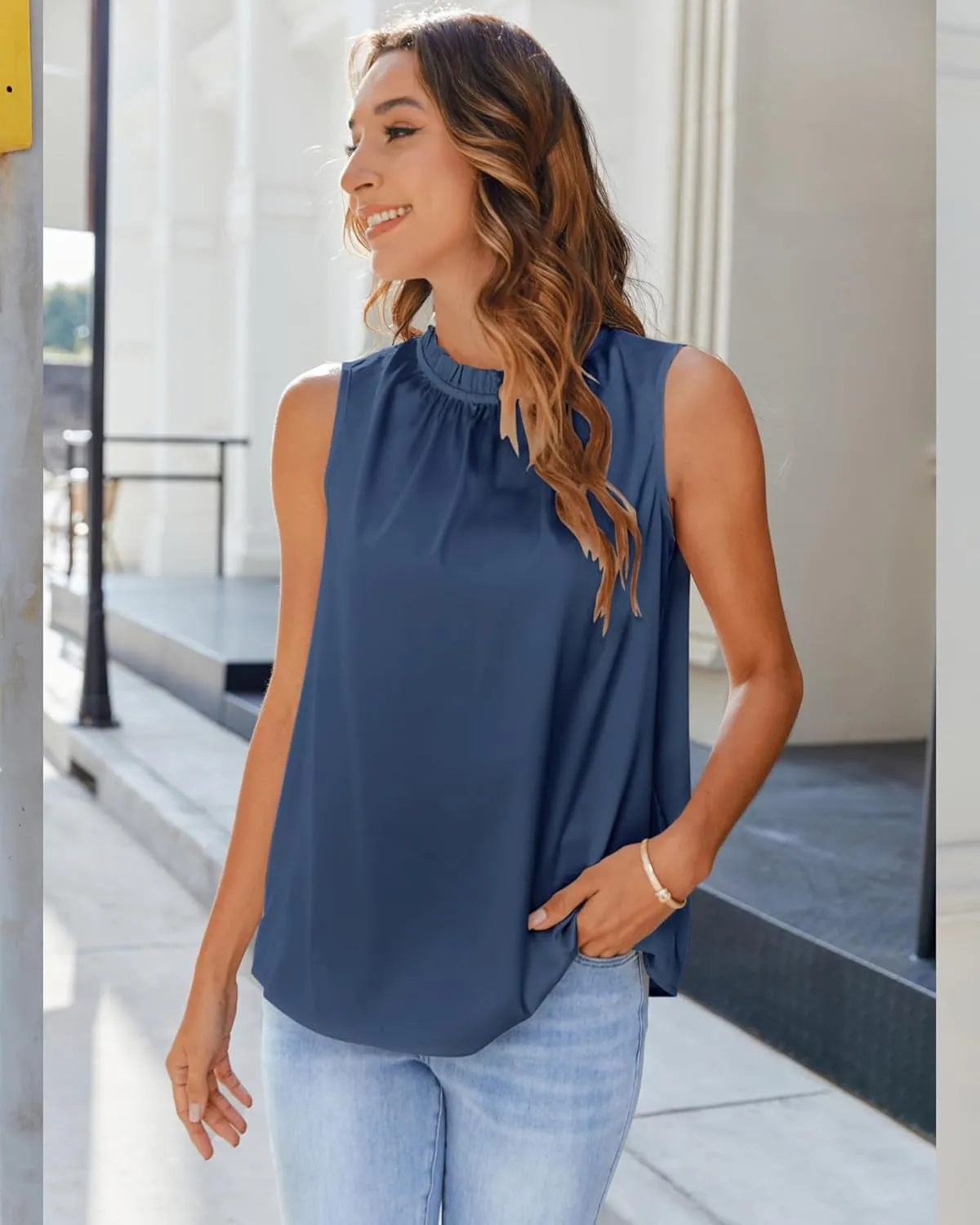 SimpleFun Womens Silk Satin Tank Tops Business Casual Ruffle Trim Mock Neck Sleeveless Summer Blouses Shirts