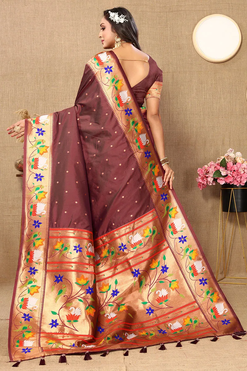 Sophisticated Brown Paithani Silk Saree With Marvellous Blouse Piece