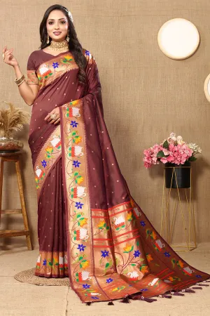 Sophisticated Brown Paithani Silk Saree With Marvellous Blouse Piece