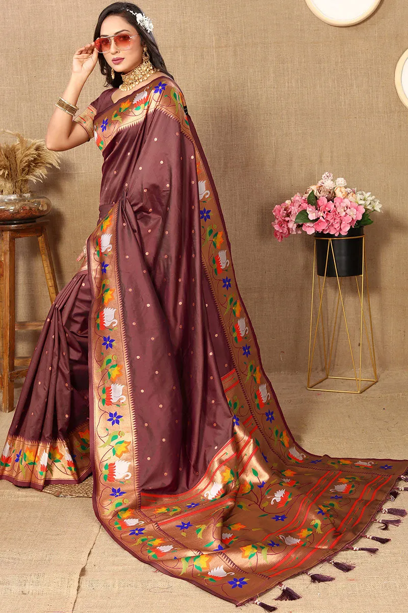 Sophisticated Brown Paithani Silk Saree With Marvellous Blouse Piece