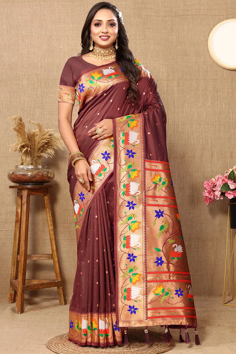 Sophisticated Brown Paithani Silk Saree With Marvellous Blouse Piece