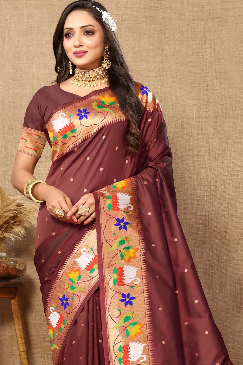Sophisticated Brown Paithani Silk Saree With Marvellous Blouse Piece