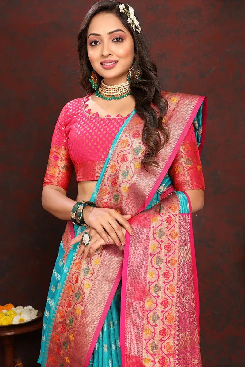 Sophisticated Firozi Soft Banarasi Silk Saree With Phenomenal Blouse Piece