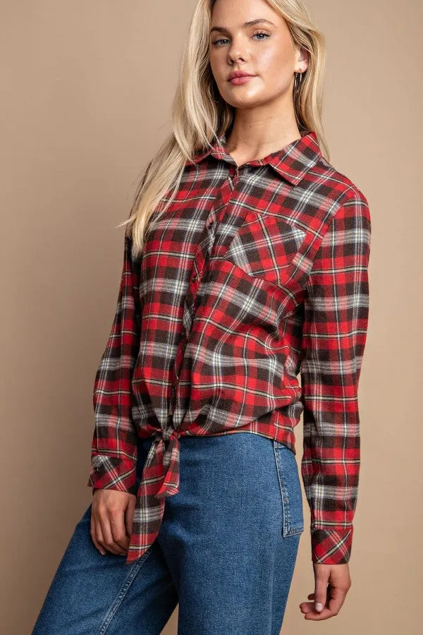 Tie Front Button Down Plaid Shirt With Front Pocket - 2 colors