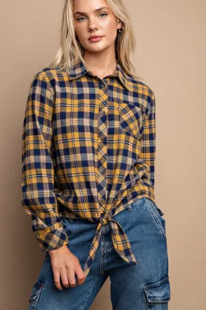 Tie Front Button Down Plaid Shirt With Front Pocket - 2 colors