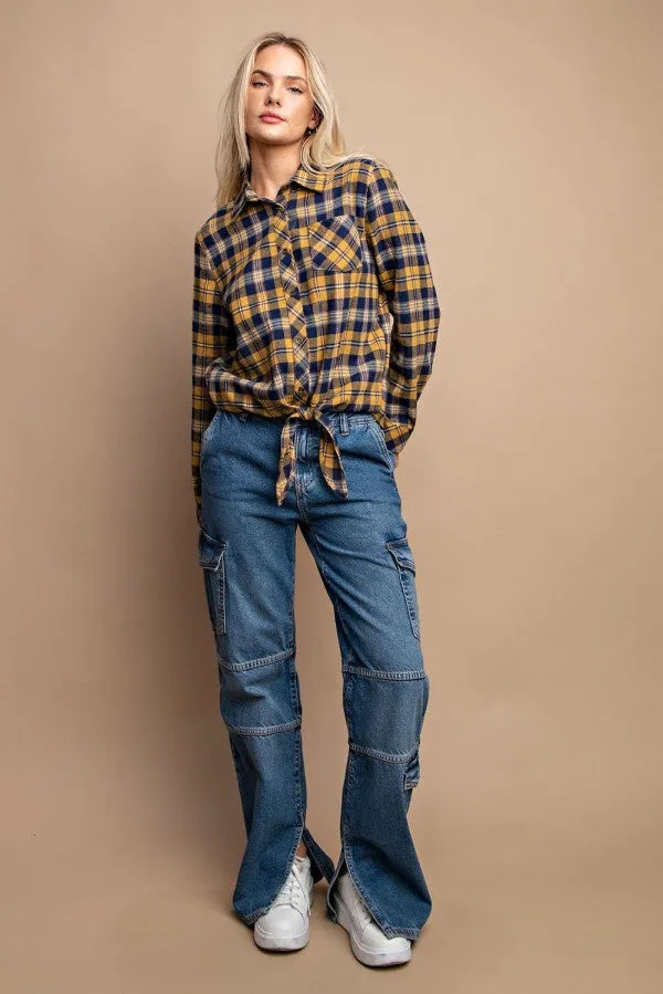 Tie Front Button Down Plaid Shirt With Front Pocket - 2 colors