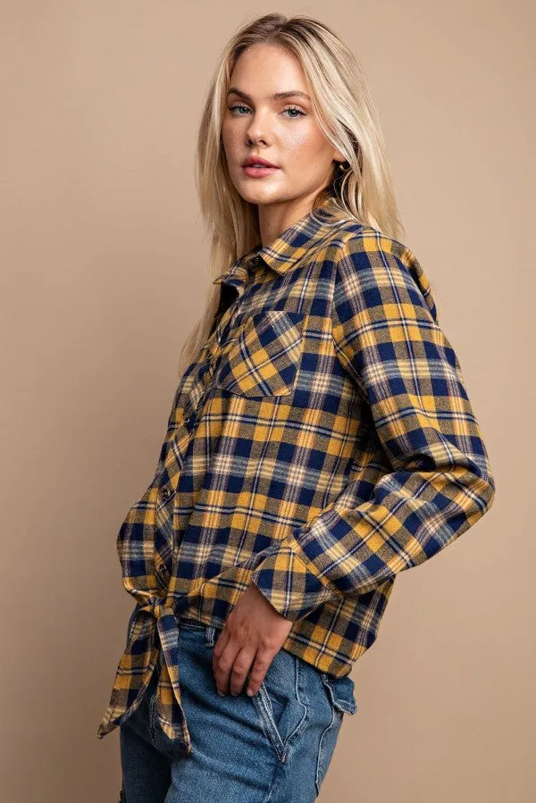 Tie Front Button Down Plaid Shirt With Front Pocket - 2 colors