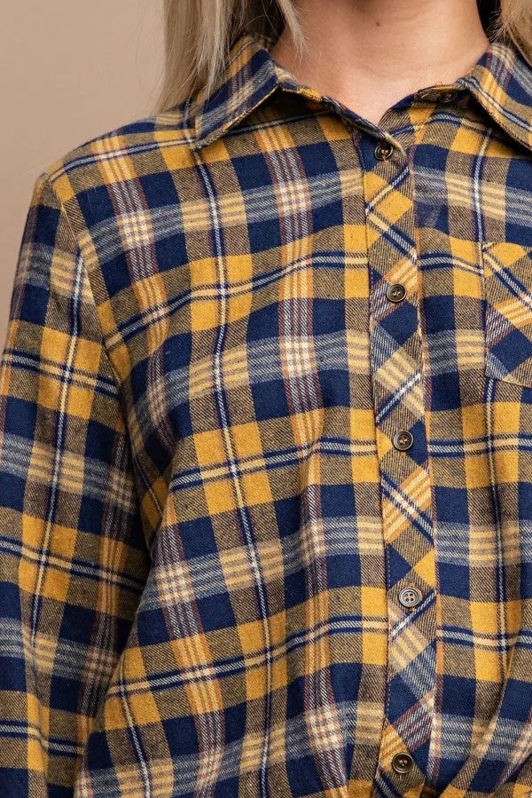 Tie Front Button Down Plaid Shirt With Front Pocket - 2 colors