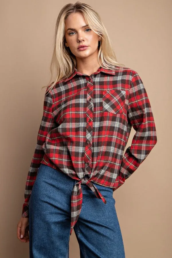 Tie Front Button Down Plaid Shirt With Front Pocket - 2 colors