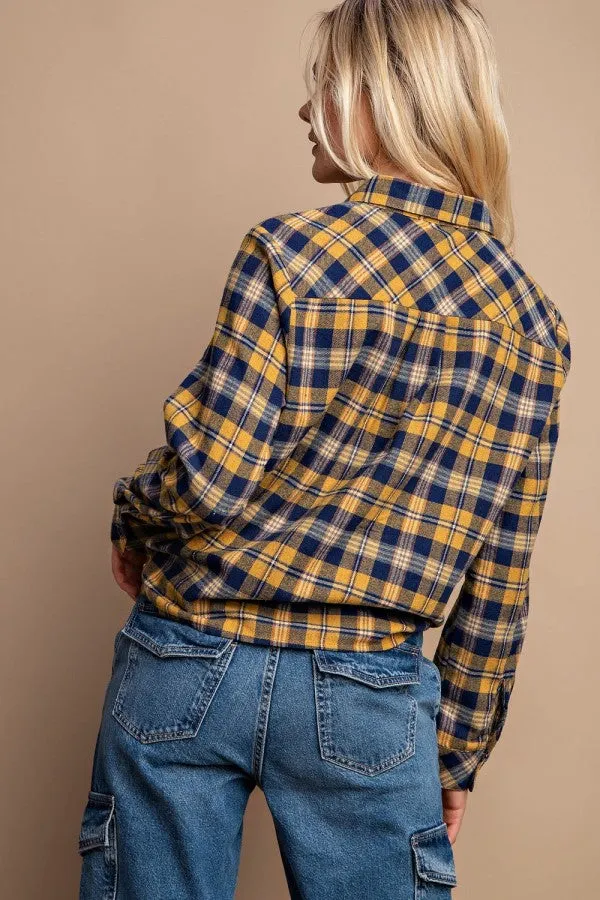 Tie Front Button Down Plaid Shirt With Front Pocket - 2 colors