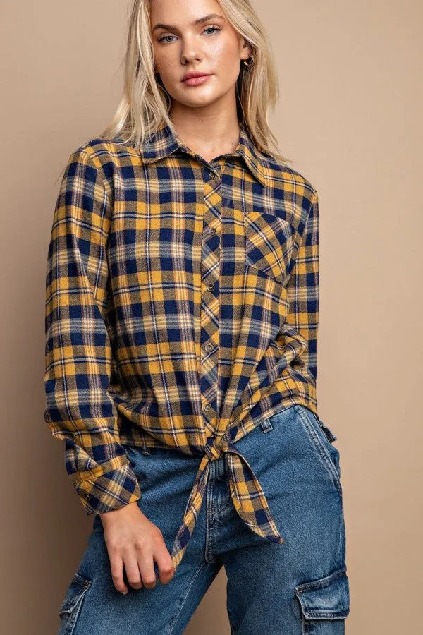 Tie Front Button Down Plaid Shirt With Front Pocket - 2 colors