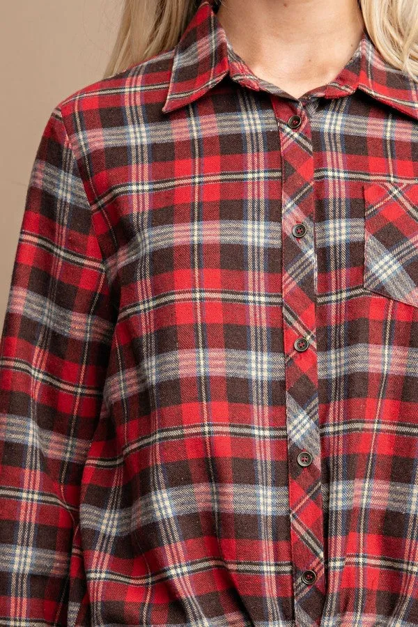 Tie Front Button Down Plaid Shirt With Front Pocket - 2 colors