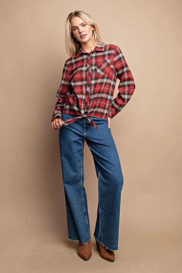 Tie Front Button Down Plaid Shirt With Front Pocket - 2 colors