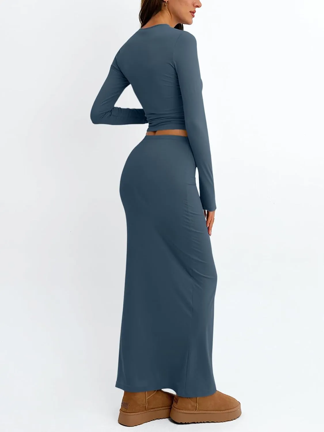 Trendy Queen 2 Piece Skirts Sets for Women Long Sleeve Crew Neck Crop Tops Bodycon Maxi Matching Clothes