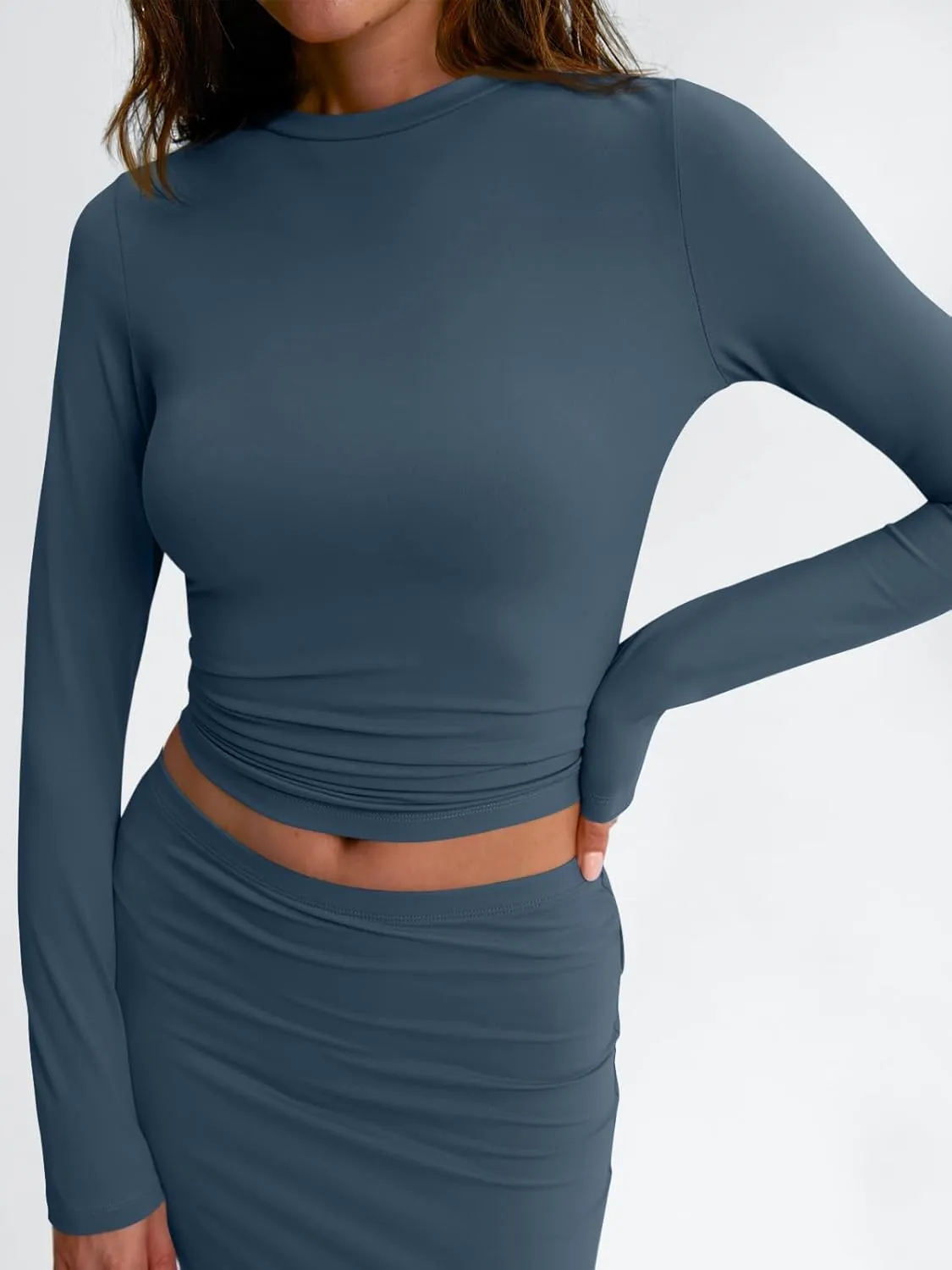 Trendy Queen 2 Piece Skirts Sets for Women Long Sleeve Crew Neck Crop Tops Bodycon Maxi Matching Clothes