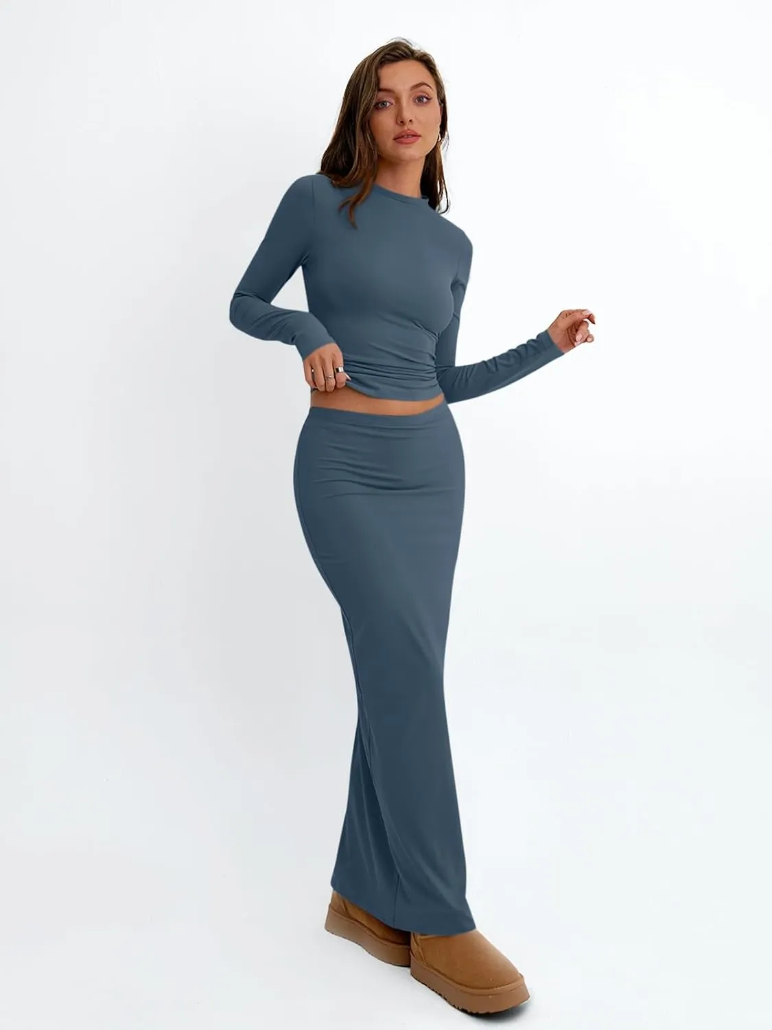 Trendy Queen 2 Piece Skirts Sets for Women Long Sleeve Crew Neck Crop Tops Bodycon Maxi Matching Clothes